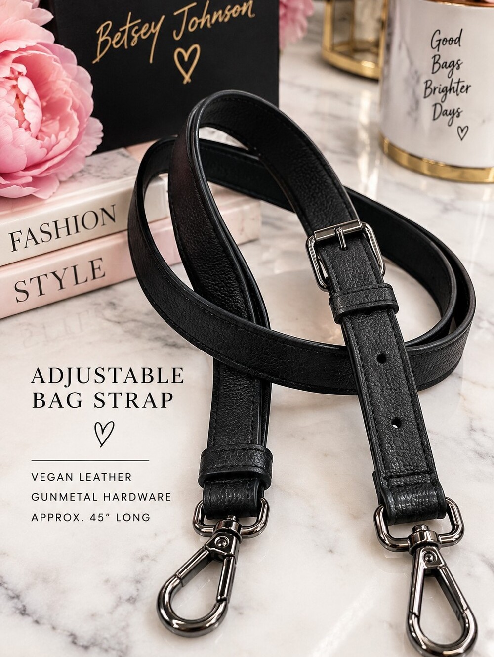 Betsey Johnson Black Vegan Leather Adjustable Bag Strap Gunmetal Hardware 45"
